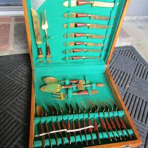 Vintage MID-CENTURY THAILAND BRASS/TEAK 30PC (service for 8) FLATWARE SE…